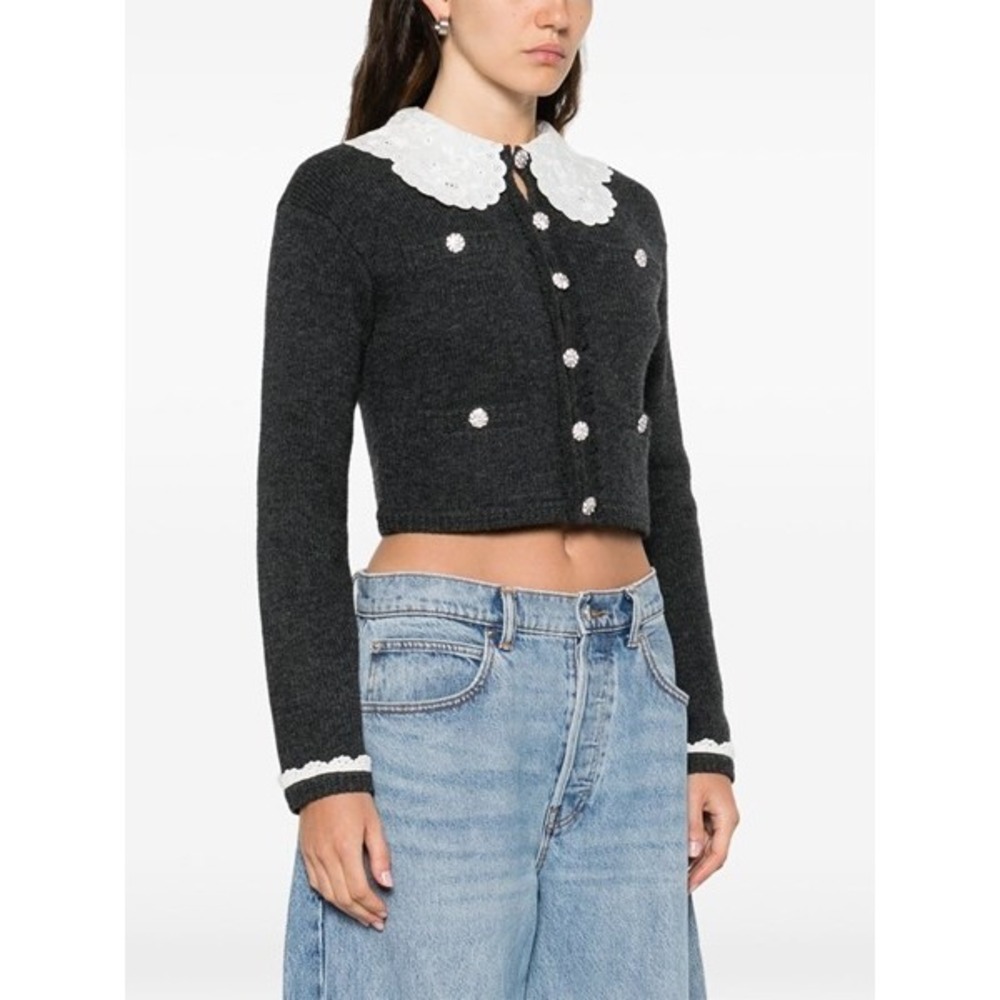 Self-Portrait Peter Pan Collar Cardigan Size S Black Shimmer Lace Collar Crystal